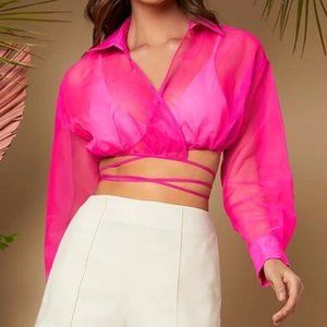 Crisscross Tie Back Organza Crop Blouse